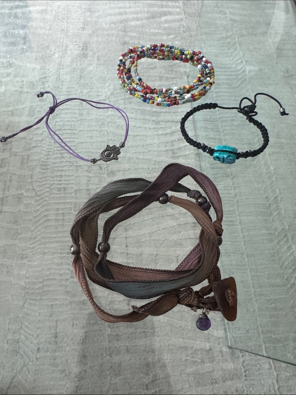 Bundle of 4 - Boho Multi-Strand Ribbon, Bead & String Wrap Bracelets